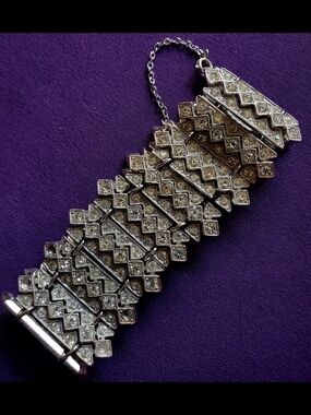 Vintage ORA STAMPED Silver Crystal Statement Bracelet - Women's Accessories